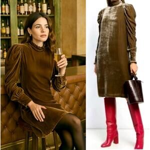Ulla Johnson 4 Sainte VELVET Puff Shoulder Long Sleeve Dress Midi Olive Green